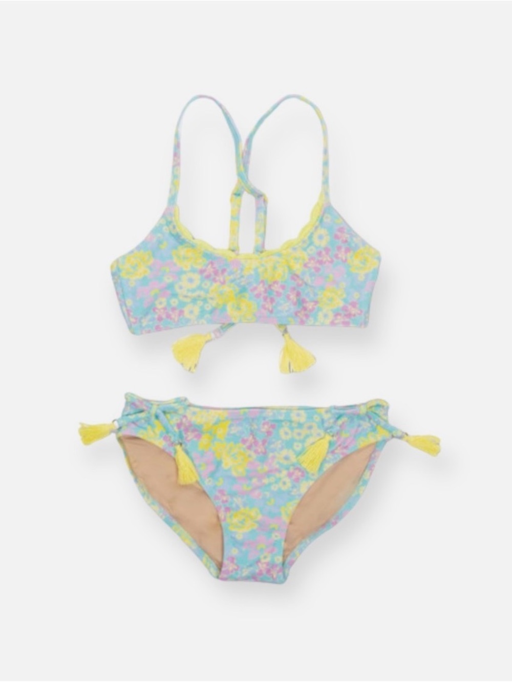 Shade Critters Crochet Floral Two-Piece Swim Set with Yellow Tassel Accents